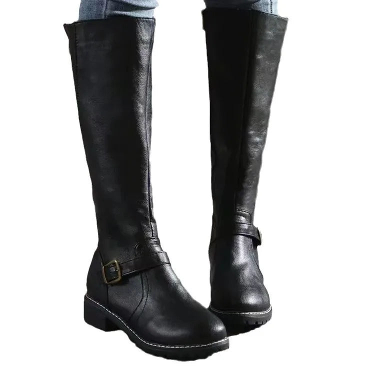 Knee High Buckle Block Heel Boots