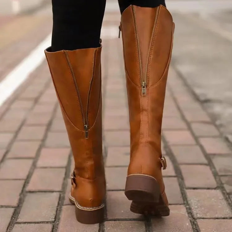 Knee High Buckle Block Heel Boots