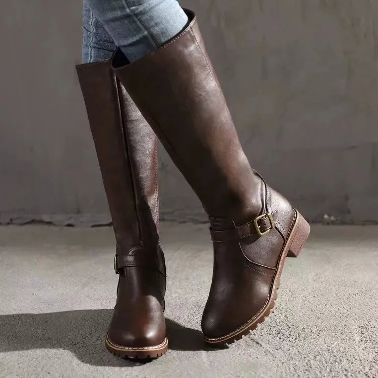 Knee High Buckle Block Heel Boots