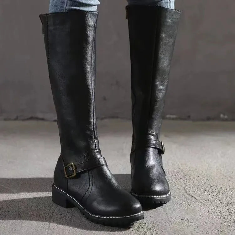 Knee High Buckle Block Heel Boots