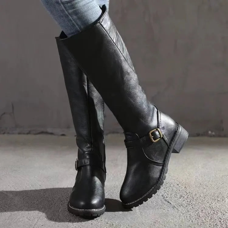 Knee High Buckle Block Heel Boots