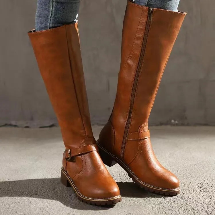 Knee High Buckle Block Heel Boots