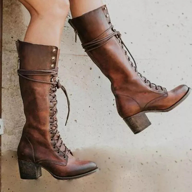 Lace Up Combat Block Heel Boots