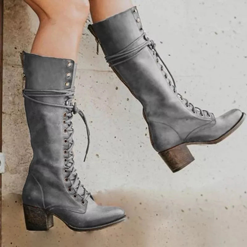 Lace Up Combat Block Heel Boots