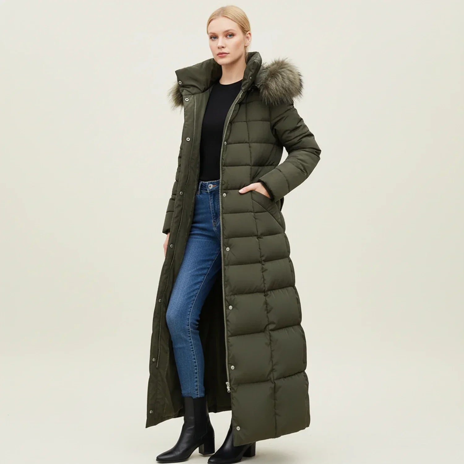Maxi-length quilted hooded puffer jacket for women | Celeste