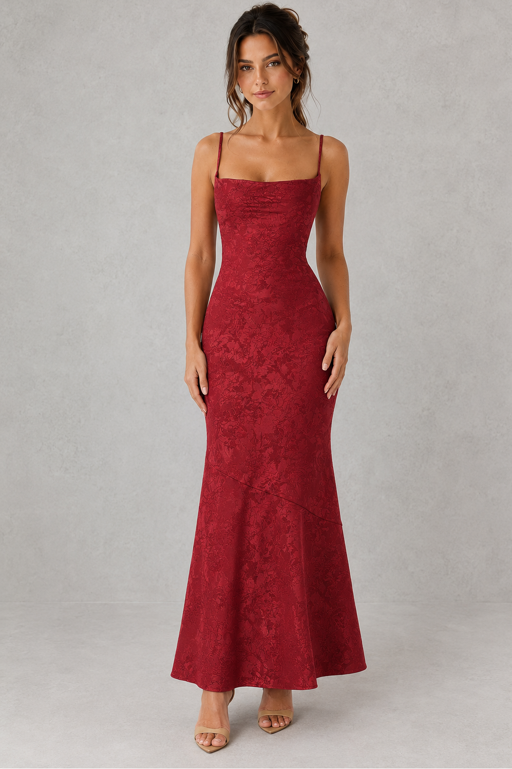 Women's Floral Jacquard Maxi Dress Lace-Up Back Square Neck Evening Occasion