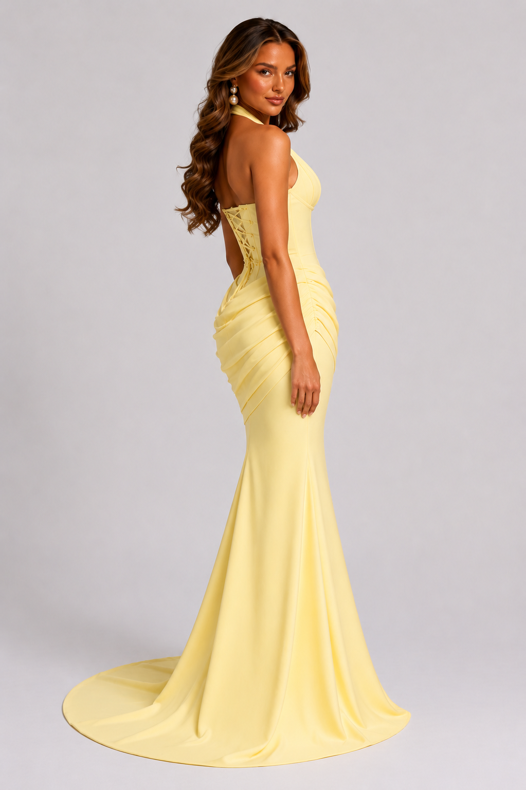Women's Halter Corset Mermaid Gown V-Neck Draped Ruched Lace-Up Back Formal Dress