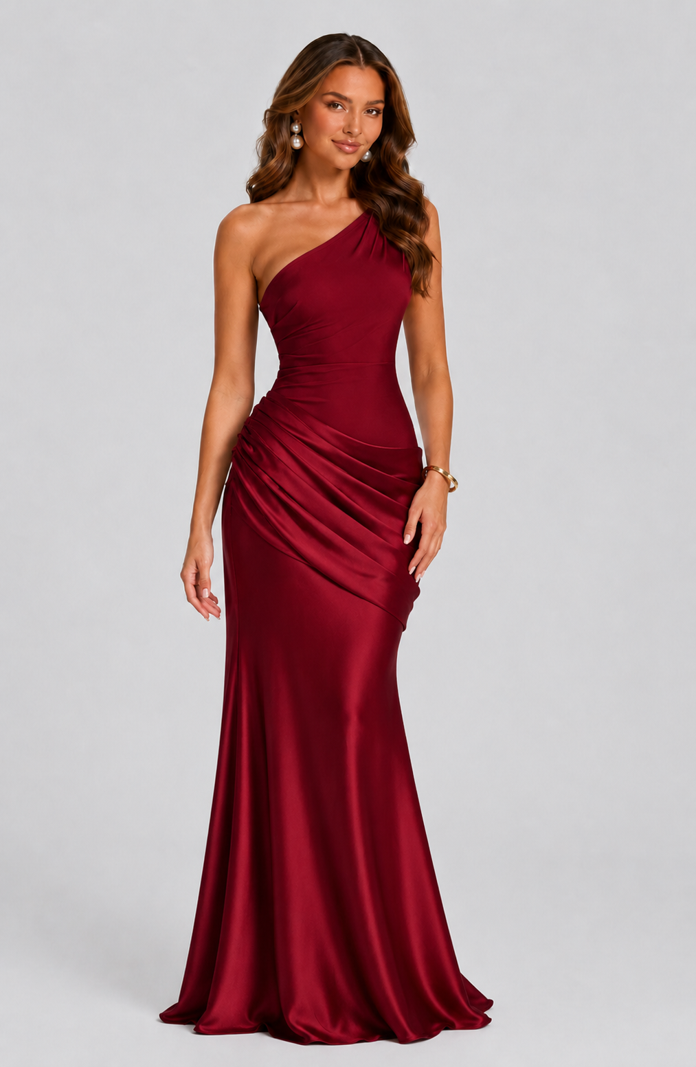 Women's One Shoulder Satin Maxi Dress Ruched Waist Formal Evening Gown