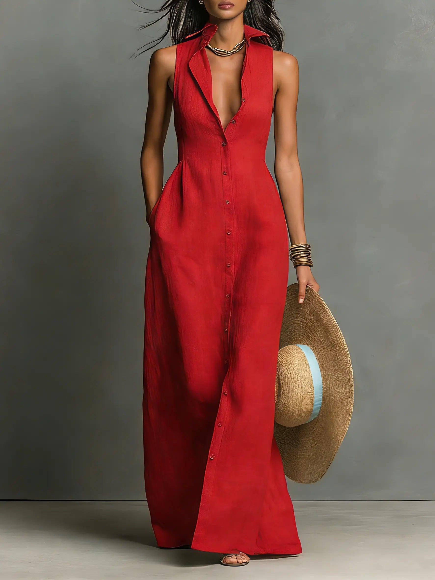 Women's Sleeveless Collared Linen Maxi Dress Button-Front Deep V-Neck Beach