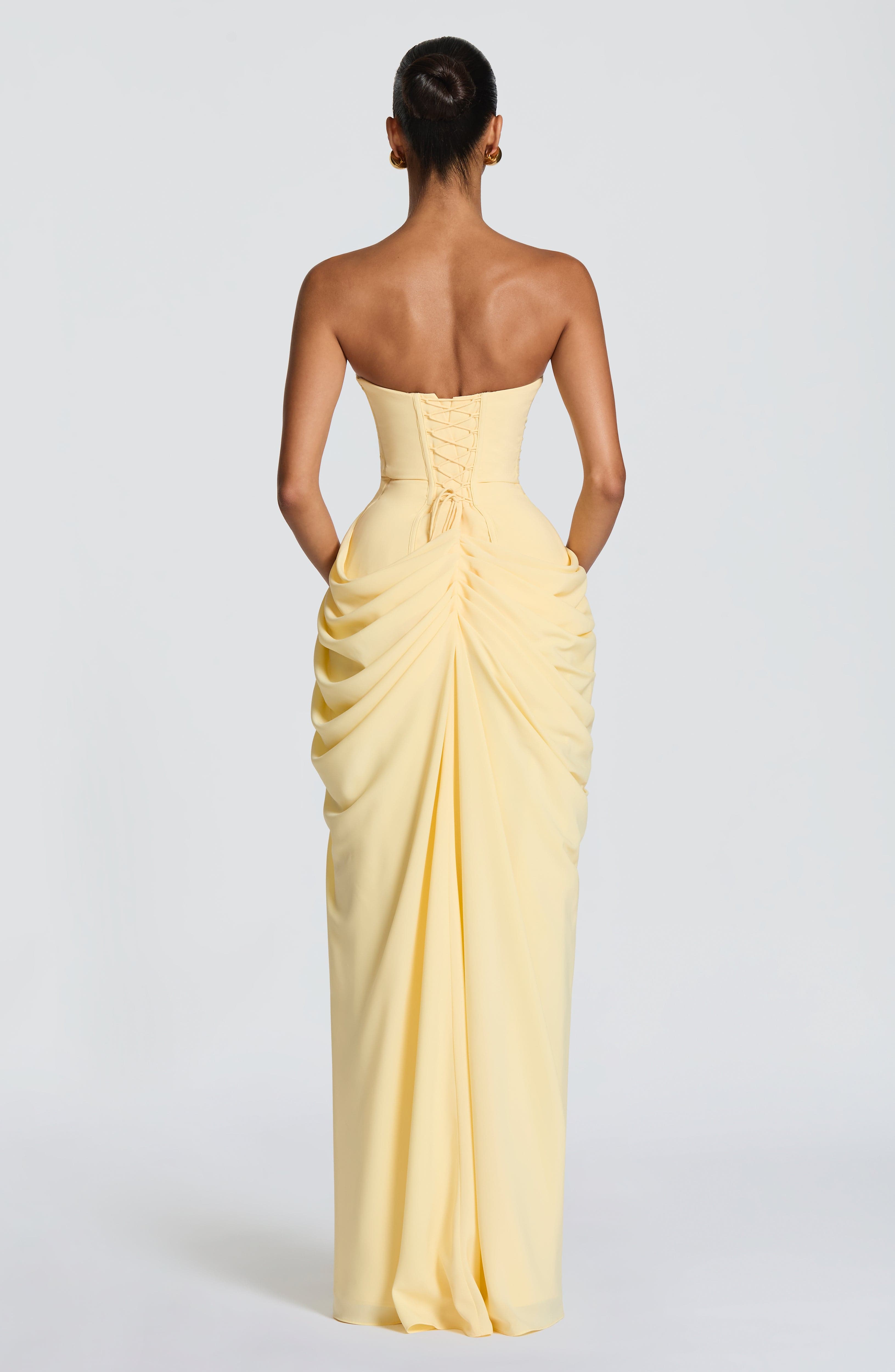 Women's Strapless Corset Maxi Dress Draped High Slit Skirt Evening Gown