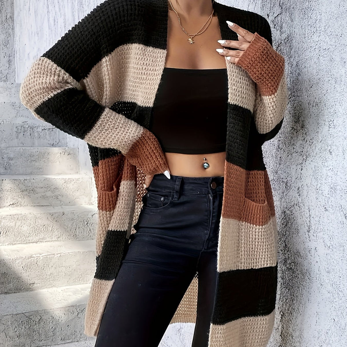 Wreneth | Women's Striped Open Front Longline Cardigan