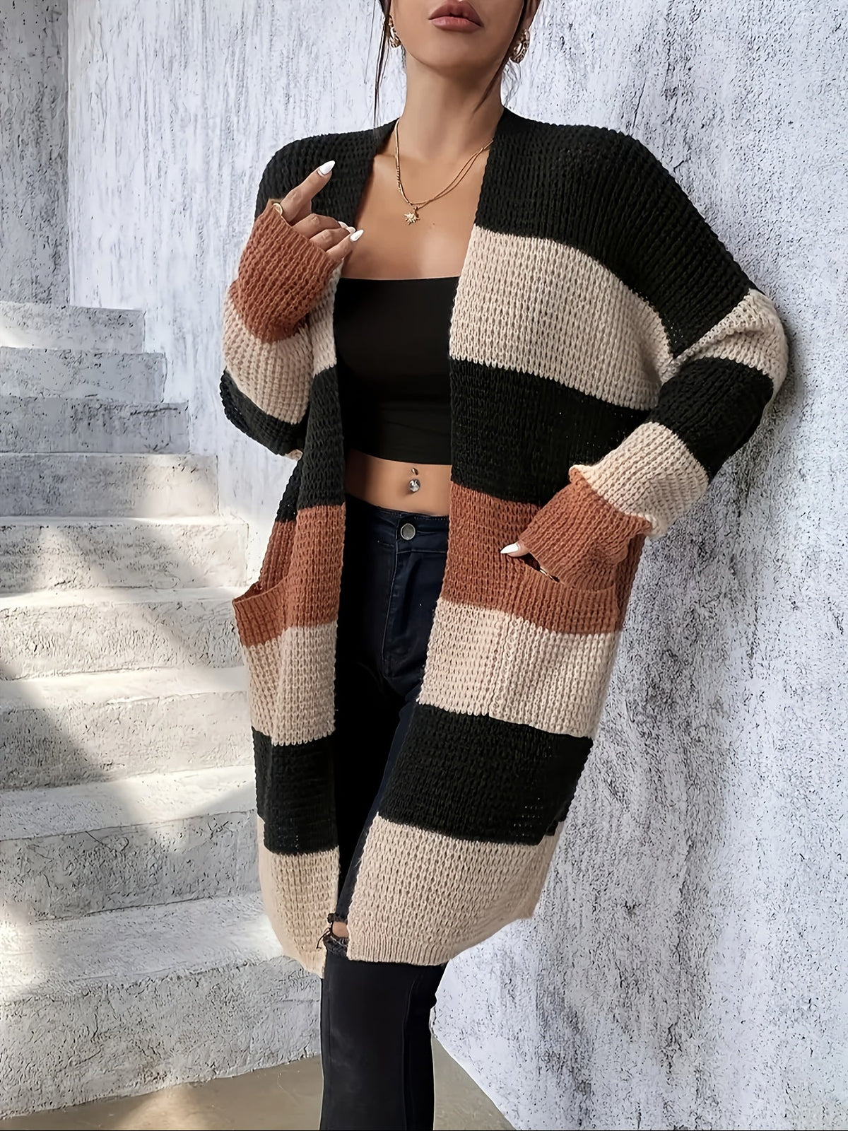 Wreneth | Women's Striped Open Front Longline Cardigan
