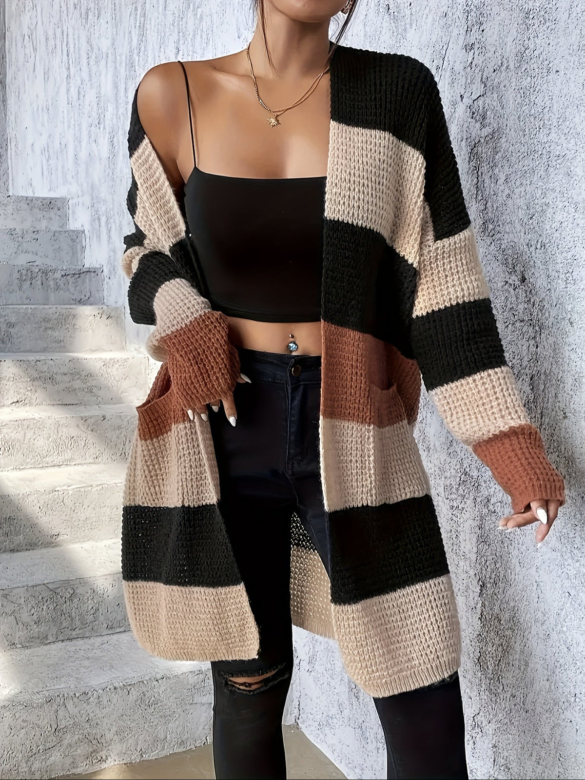Wreneth | Women's Striped Open Front Longline Cardigan
