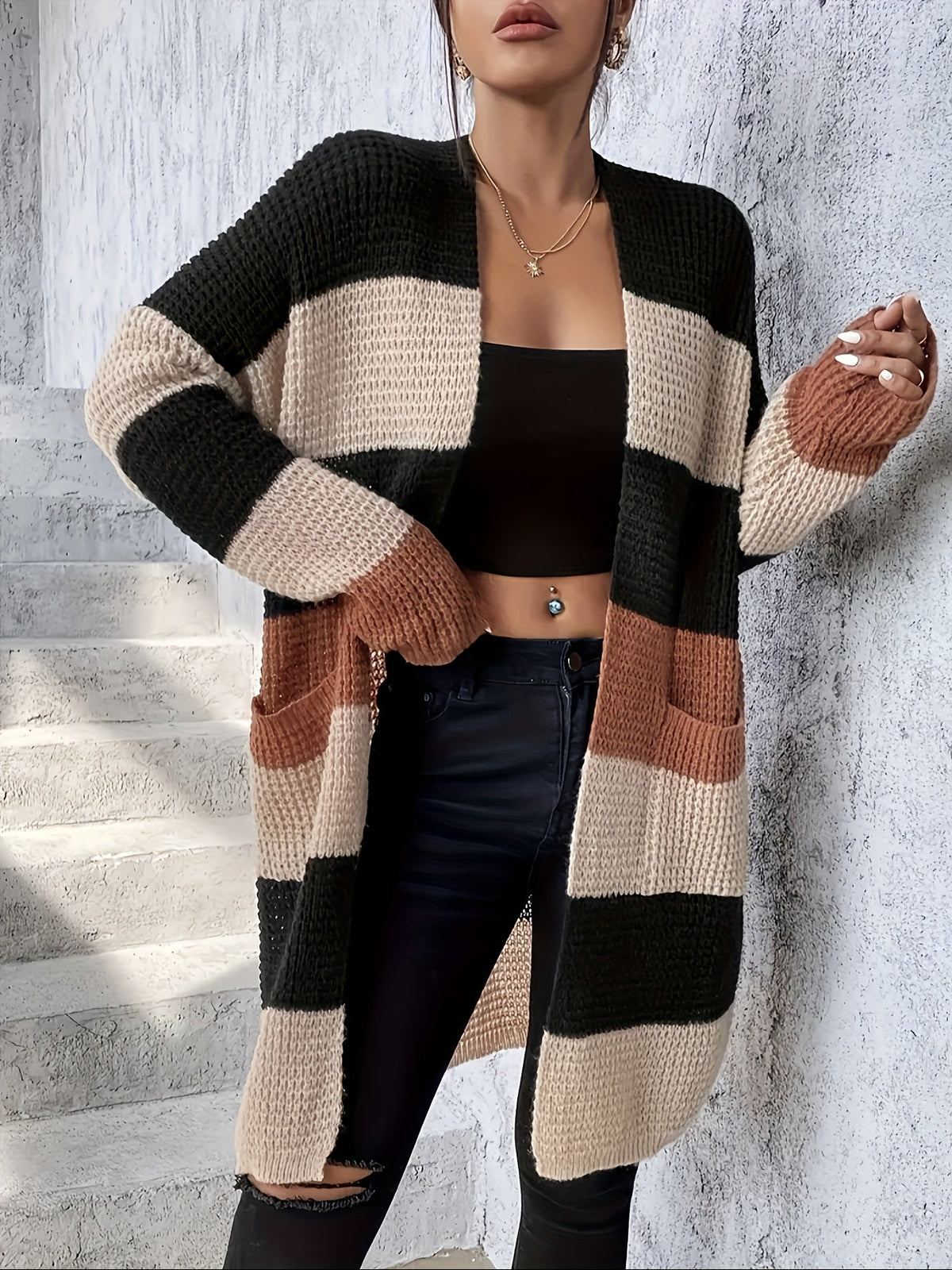 Wreneth | Women's Striped Open Front Longline Cardigan