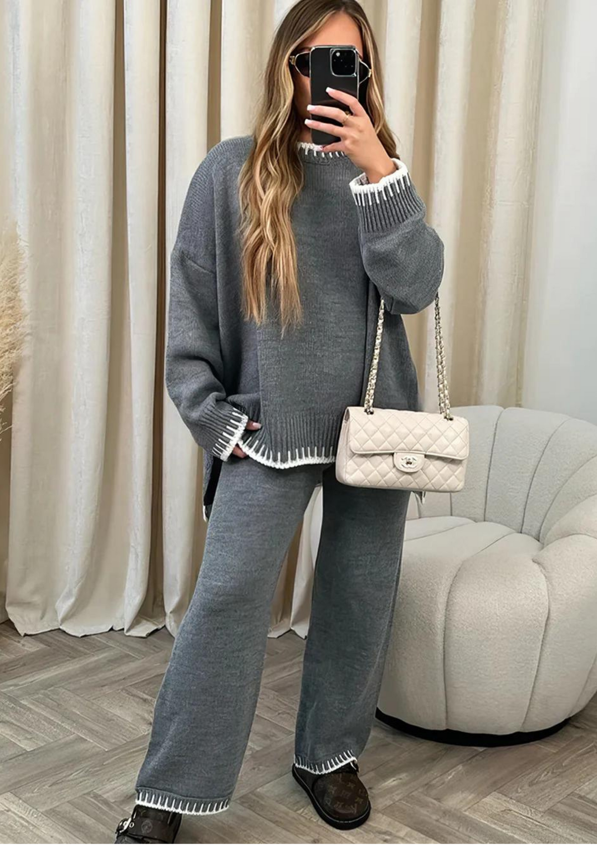 Zindell | Women's Knit Loungewear Set with Wide-Leg Pants